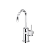 Chrome instant hot water dispenser faucet with curved gooseneck spout and single cylindrical handle.