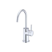 Arctic steel instant hot water dispenser faucet with curved spout and cylindrical handle on white background.