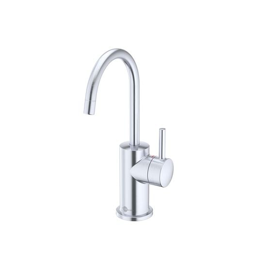 Arctic steel instant hot water dispenser faucet with curved spout and cylindrical handle on white background.