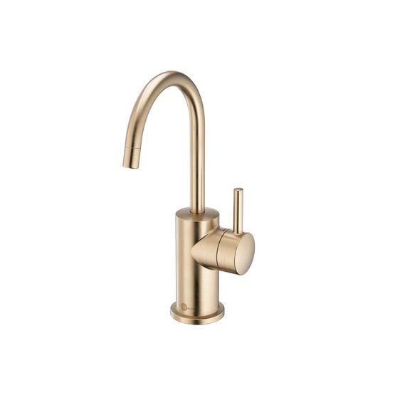 Brushed bronze instant hot water dispenser faucet with curved spout and single lever handle.