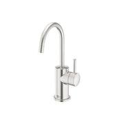 Stainless steel instant hot water dispenser faucet with curved spout and cylindrical handle on white background.