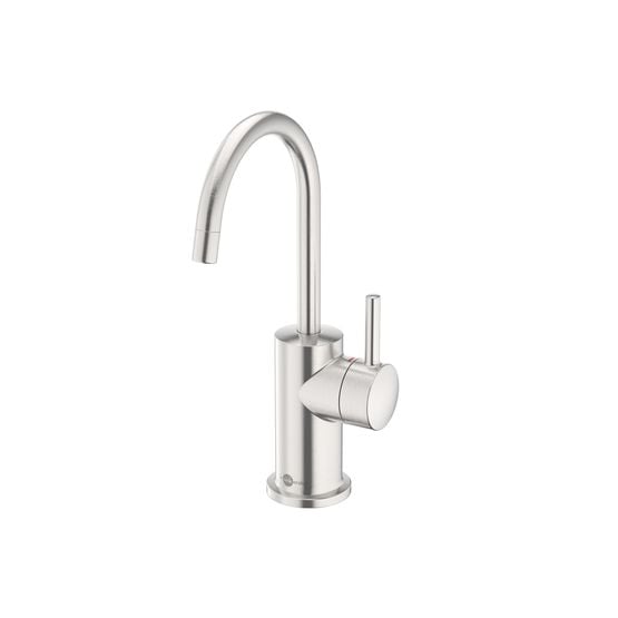Stainless steel instant hot water dispenser faucet with curved spout and cylindrical handle on white background.