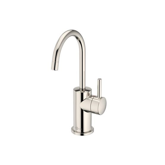 Polished nickel instant hot water dispenser faucet with curved spout and single lever handle.