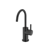 Matte black instant hot water dispenser faucet with curved spout and cylindrical handle on white background.