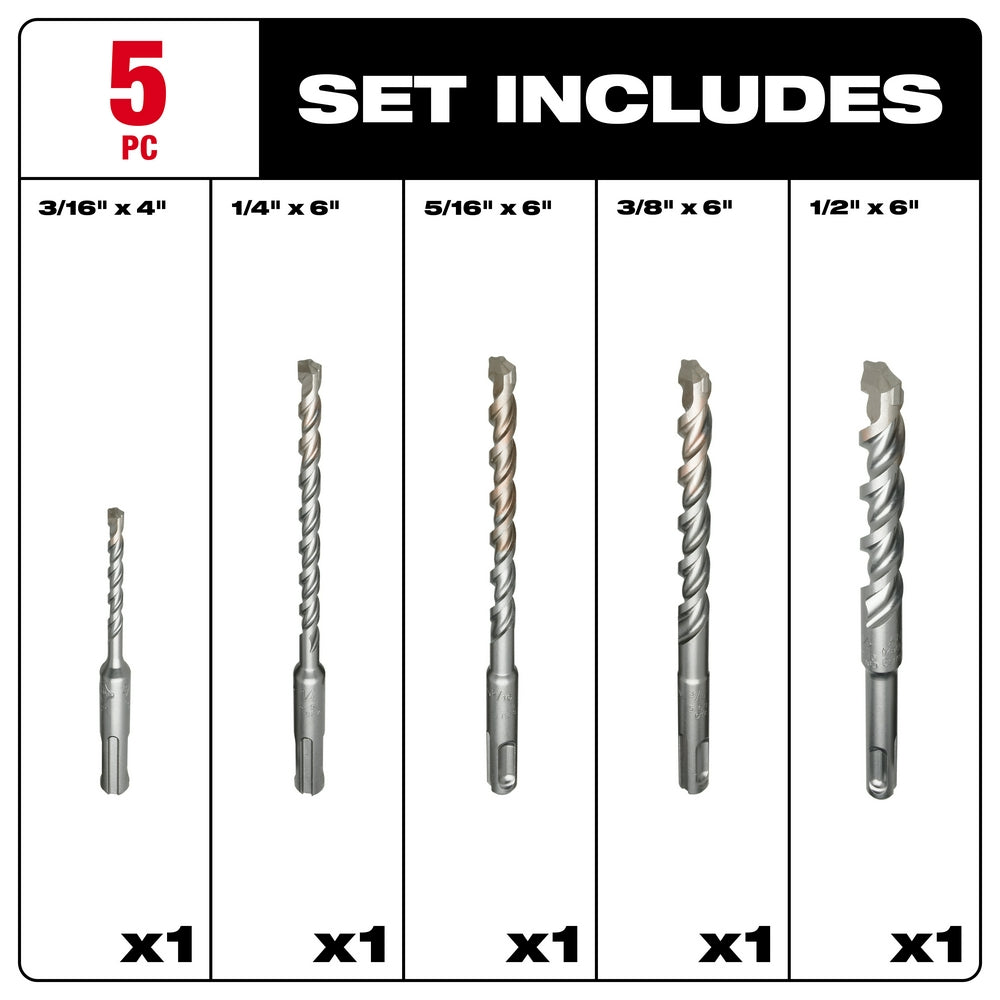 Five SDS-Plus drill bits in varying sizes: 3/16"x4", 1/4"x6", 5/16"x6", 3/8"x6", and 1/2"x6".