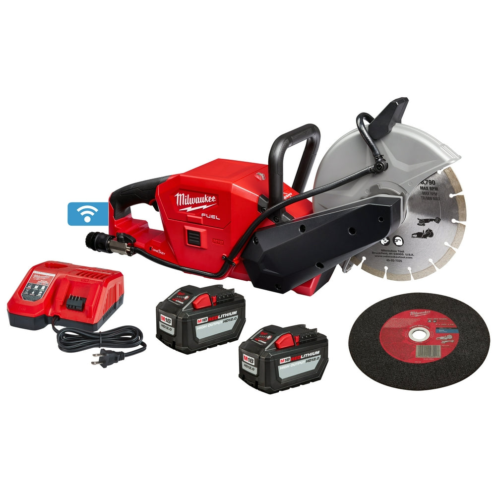 Red and black M18 FUEL cut-off saw with dual batteries, charger, abrasive disc, and ONE-KEY connectivity icon visible.