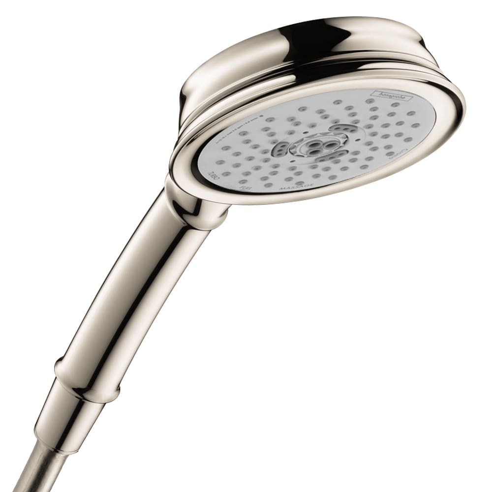 Polished nickel handheld showerhead with circular face and multiple spray jets on curved handle.