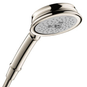 Polished nickel handheld showerhead with circular face and multiple spray jets on curved handle.