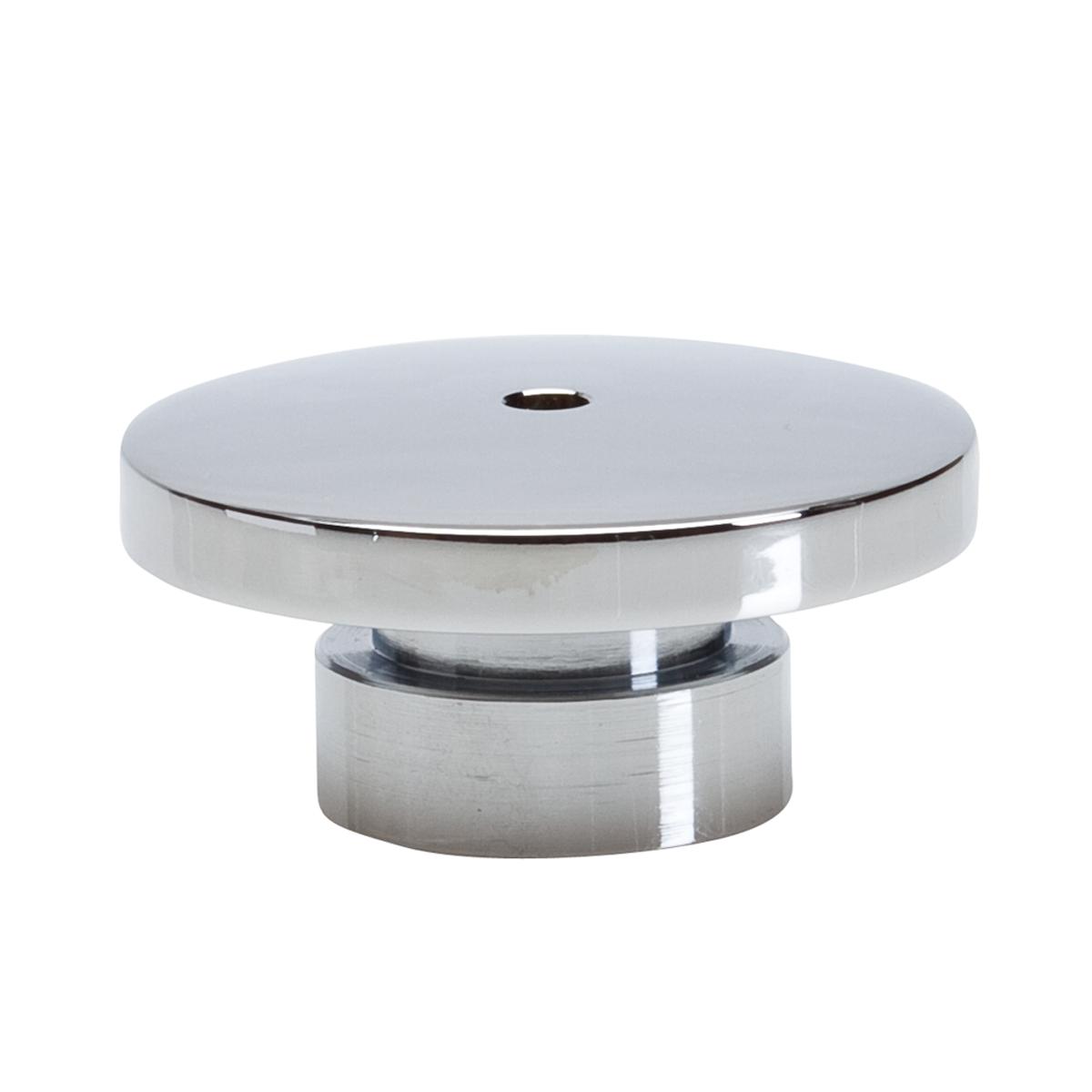 Chrome push button with flat circular top and cylindrical base with center slot opening.
