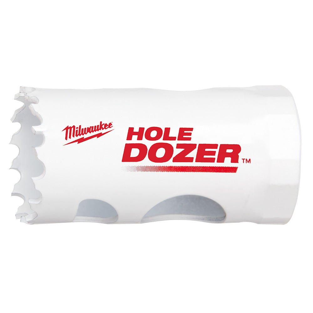 Milwaukee HOLE DOZER bi-metal hole saw with serrated cutting edges and pilot bit on white cylindrical body.