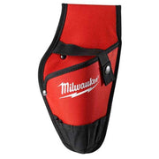 Red and black Milwaukee tool holster with curved design, snap closures, and webbing straps for belt attachment.