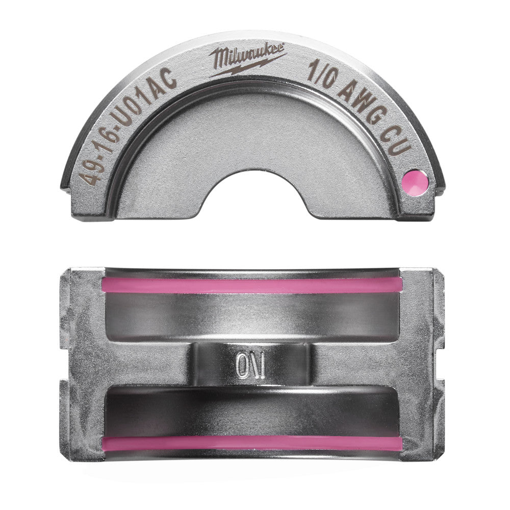 Milwaukee 1/0 copper U-style die with gray metal body, pink indicator dot, and curved pressing surface.