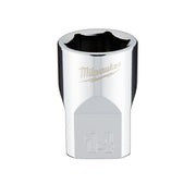 Chrome 14mm metric 6-point socket with 3/8 inch drive and Milwaukee branding.