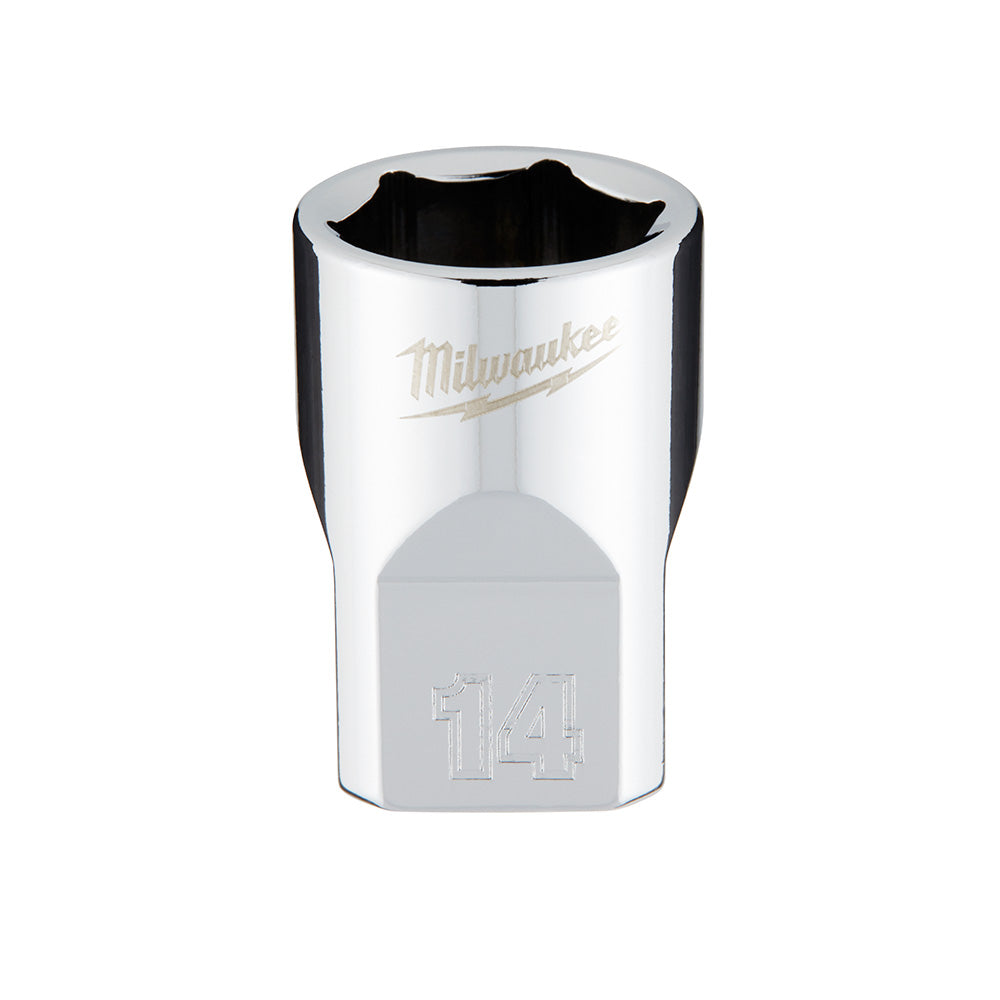 Chrome 14mm metric 6-point socket with 3/8 inch drive and Milwaukee branding.