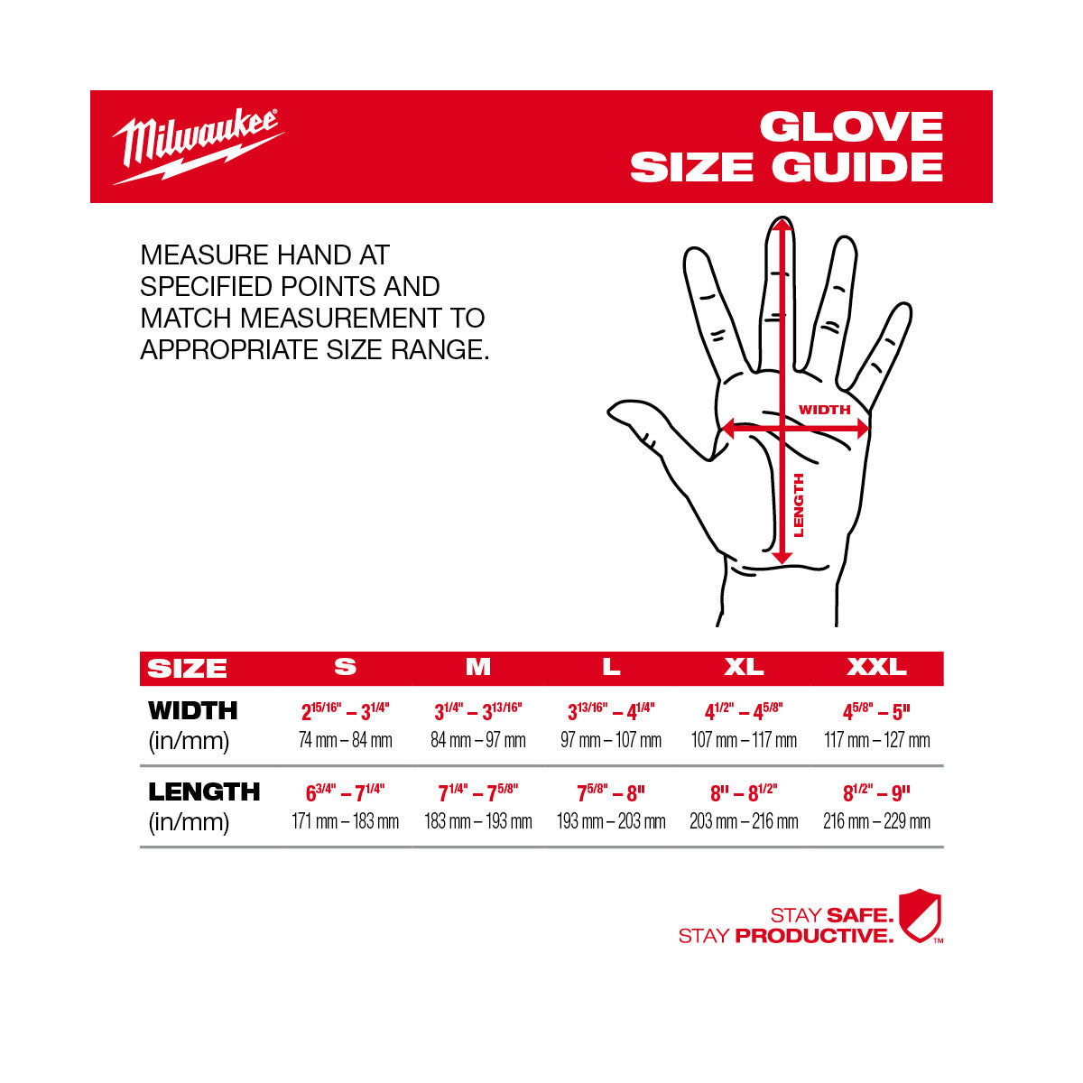 Milwaukee glove size guide chart showing hand measurement points and XXL size specifications in width and length.