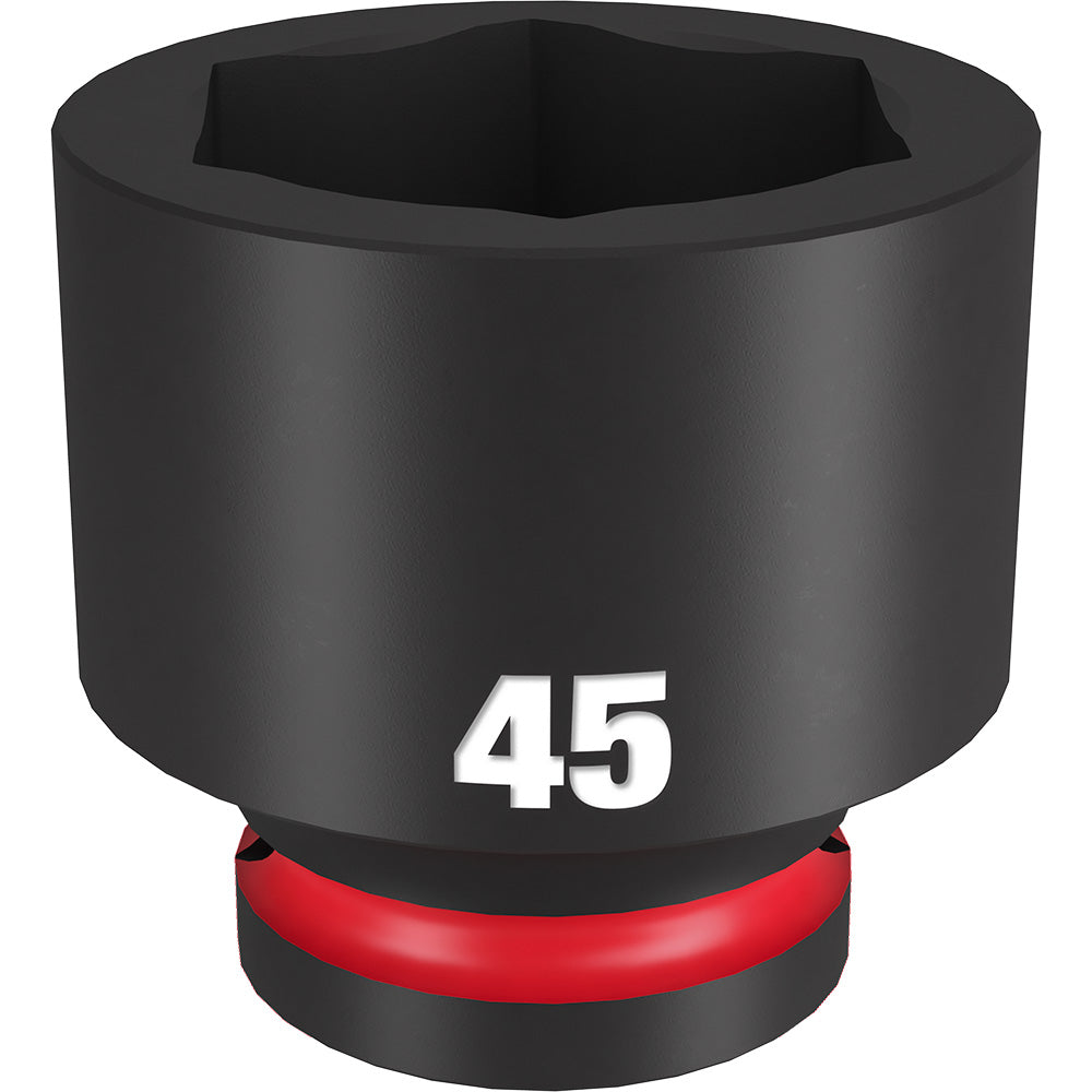 Black 3/4" drive socket with hexagonal opening and red grip band, labeled 45MM.