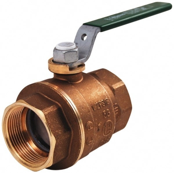Brass ball valve with green lever handle and female threaded ports on both ends.