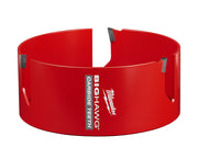 Red cylindrical hole saw with carbide teeth tabs and Milwaukee BIG HAWG branding on the side.