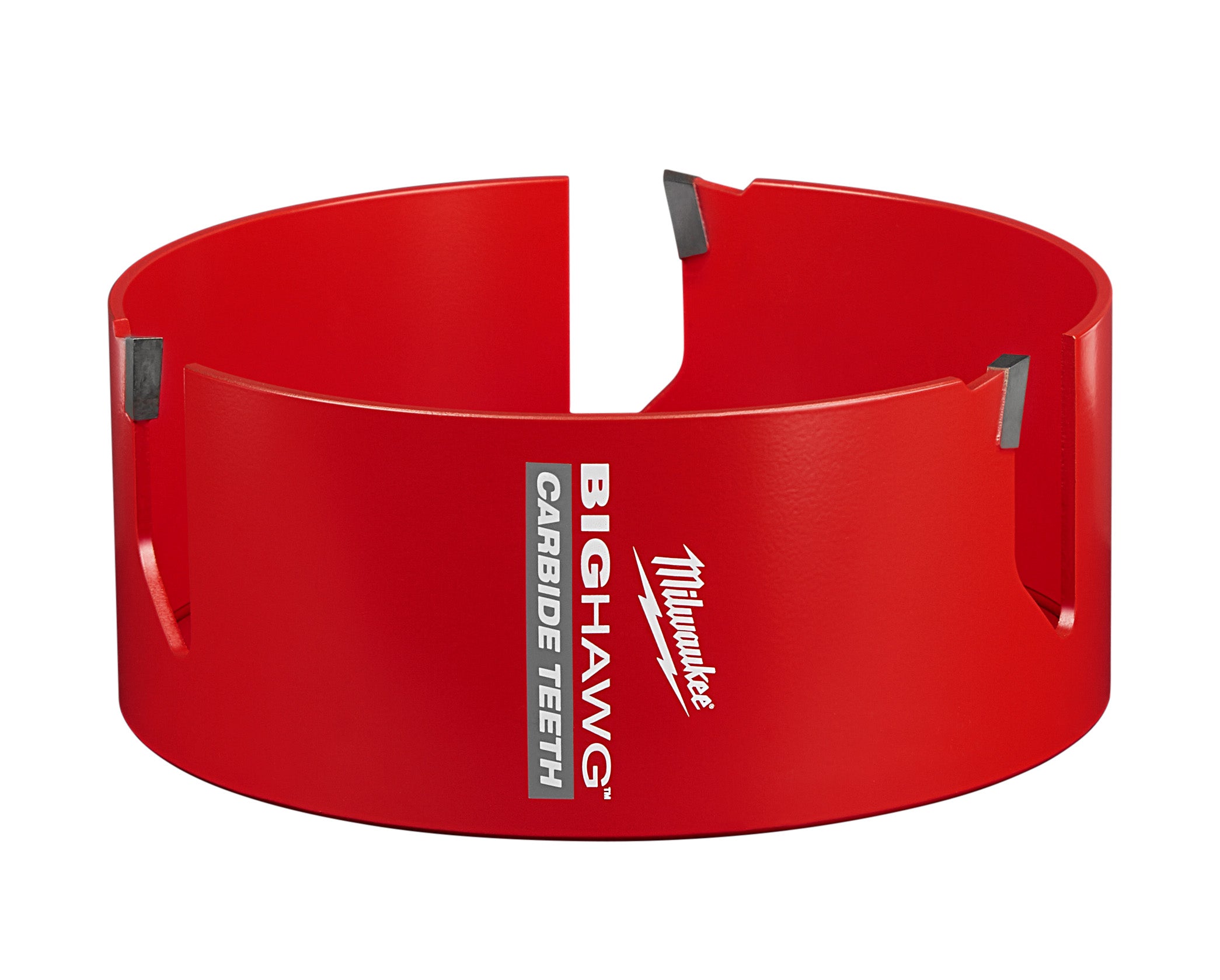 Red cylindrical hole saw with carbide teeth tabs and Milwaukee BIG HAWG branding on the side.