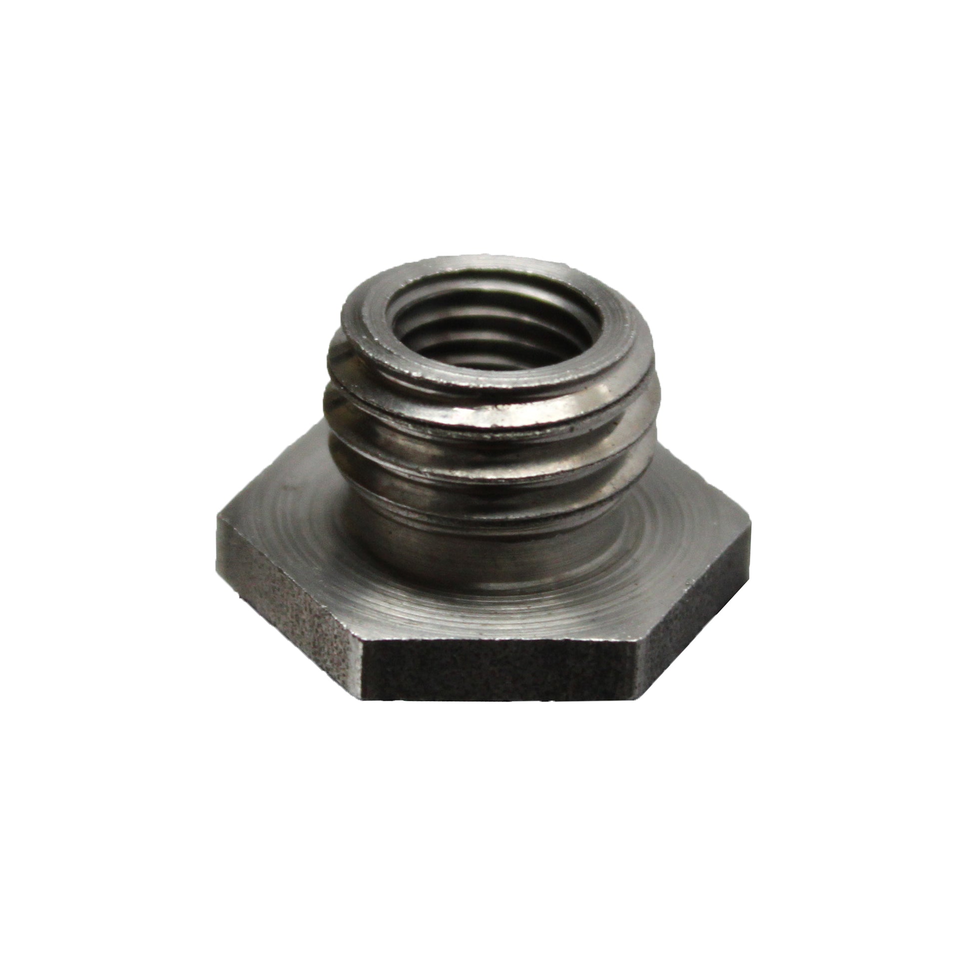 Metal thread adapter with hexagonal base and threaded top for connecting different sized components.