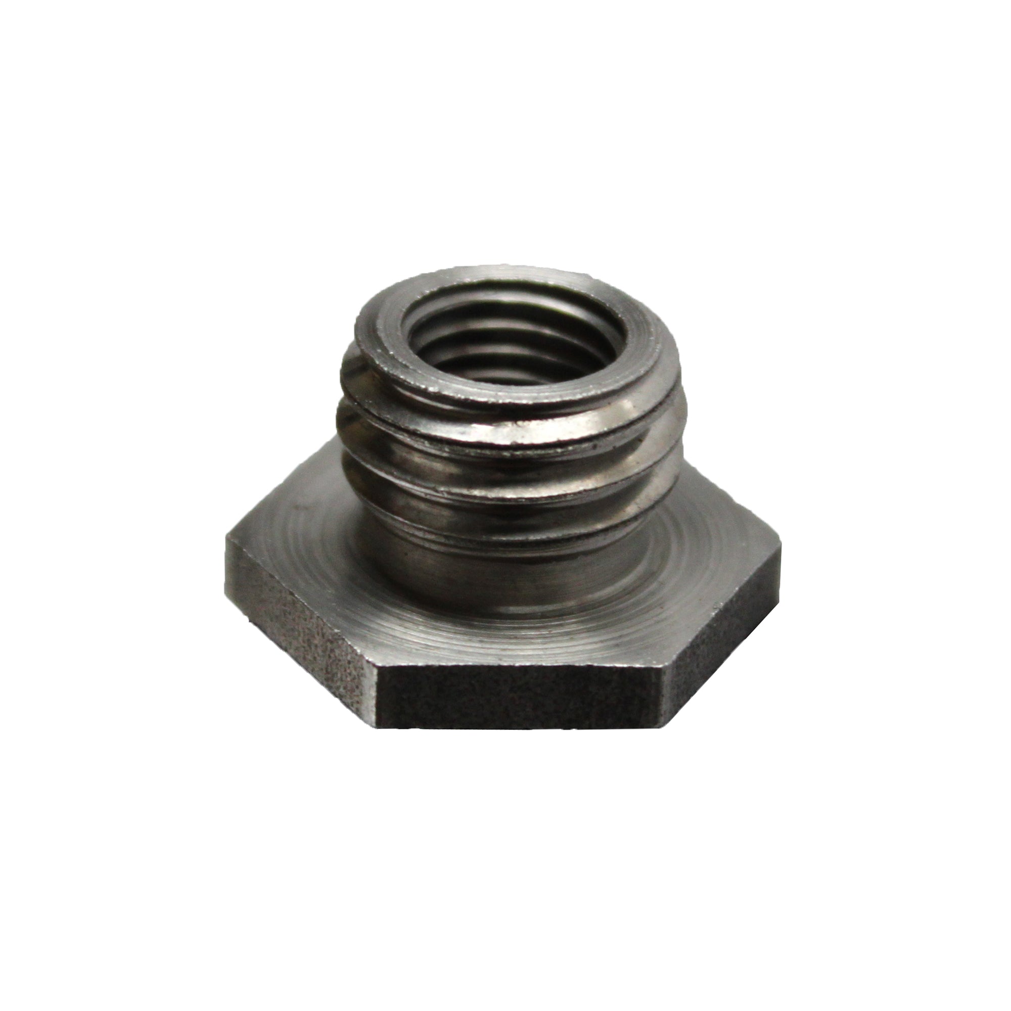 Metal thread adapter with hexagonal base and threaded top for connecting different sized components.