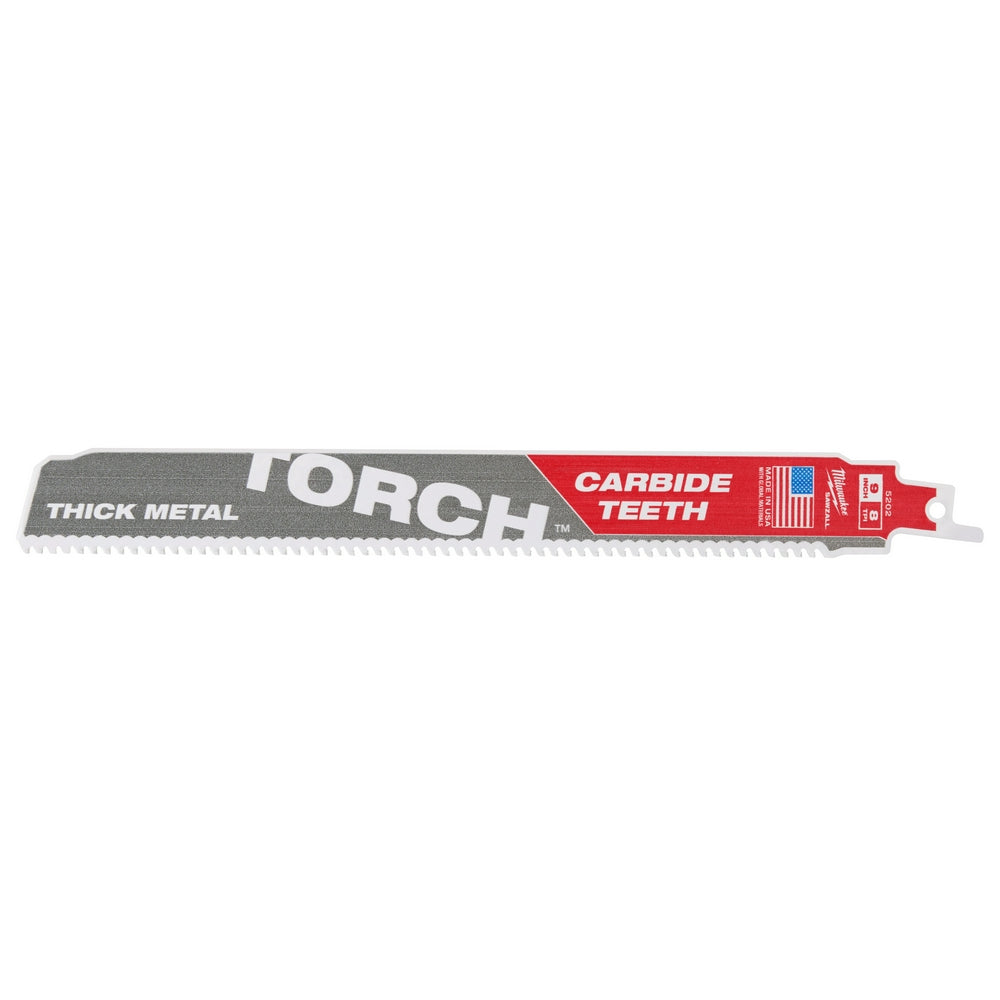 Milwaukee TORCH carbide teeth SAWZALL blade with 8 teeth per inch for thick metal cutting.