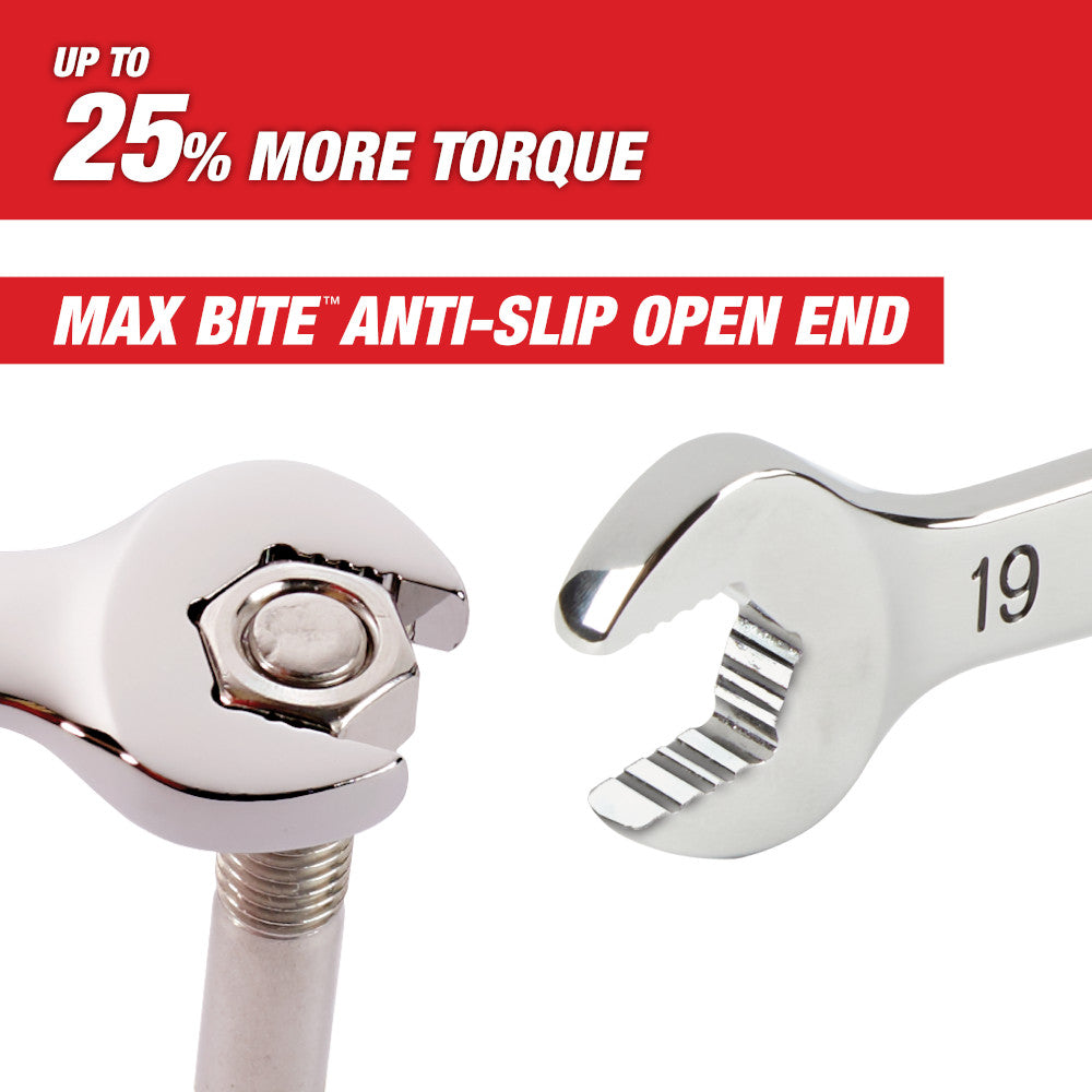 Silver Milwaukee 7MM combination wrench with open end showing serrated grip and closed end with size marking.