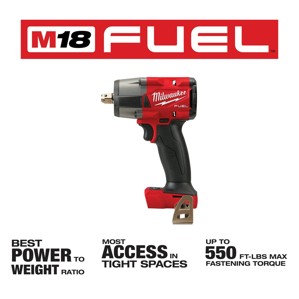 Red and black Milwaukee M18 FUEL 1/2" mid-torque impact wrench with pin detent chuck and gray motor housing.