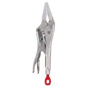 Silver metal long nose locking pliers with serrated jaws, adjustment screw, and red handle grip.