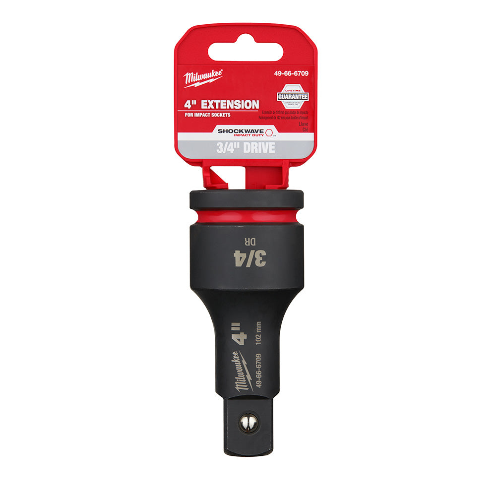 Black Milwaukee Shockwave 3/4" drive 4" socket extension with red packaging displayed above.