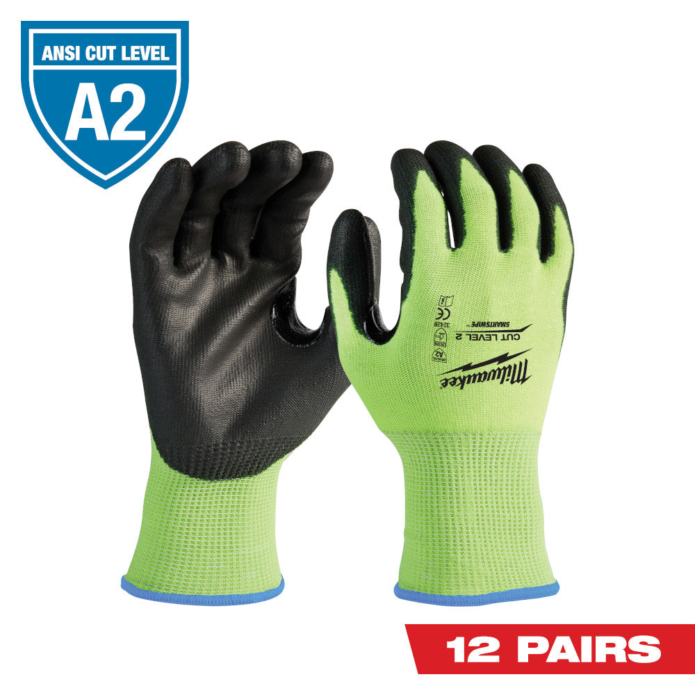 High-visibility yellow-green work gloves with black polyurethane-dipped palms and blue cuffs, ANSI Cut Level A2 rated.