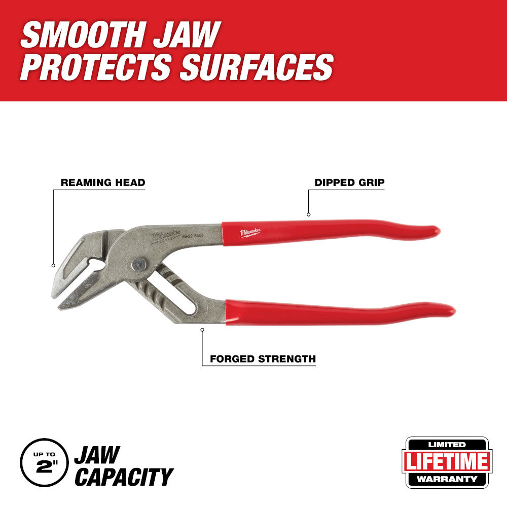 Milwaukee 10'' smooth jaw locking plier with red dipped grip handles and reaming head.