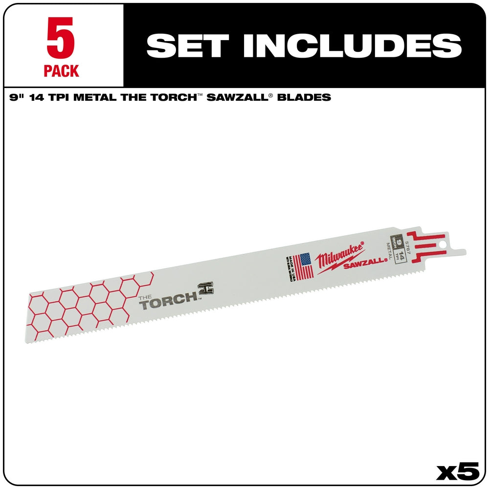 Five Milwaukee 9-inch The Torch reciprocating saw blades with 14 TPI metal-cutting teeth and red hexagon pattern design.