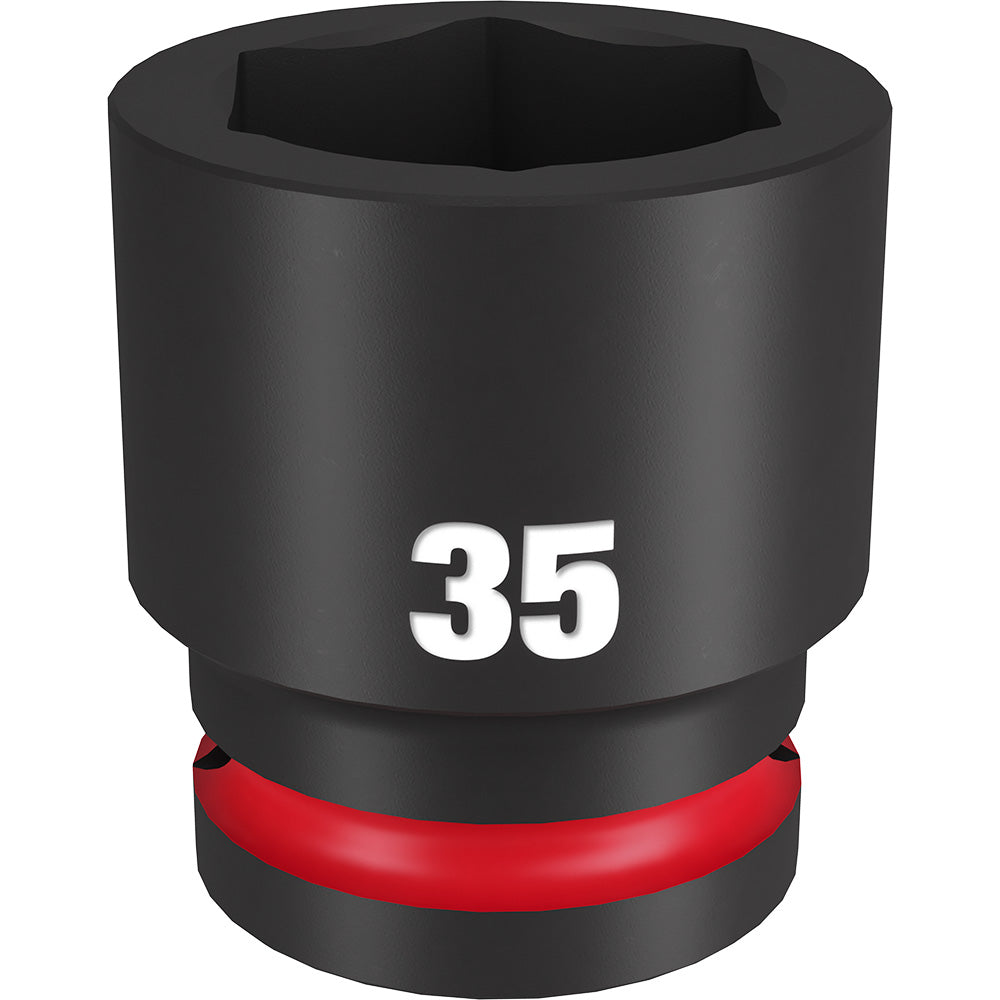 Black socket with 6-point opening, red grip band, and "35" marking on cylindrical body.