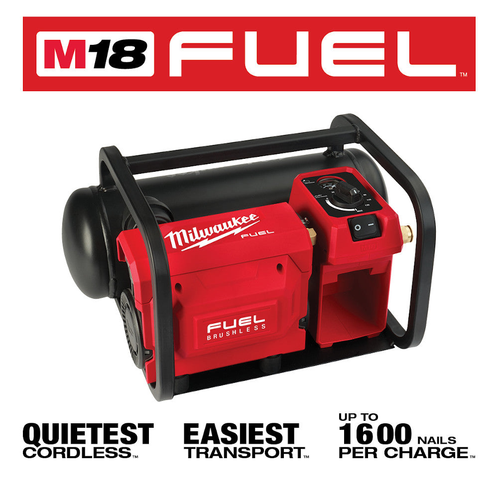 Red and black Milwaukee M18 FUEL compact air compressor with carrying handle and control panel on side.