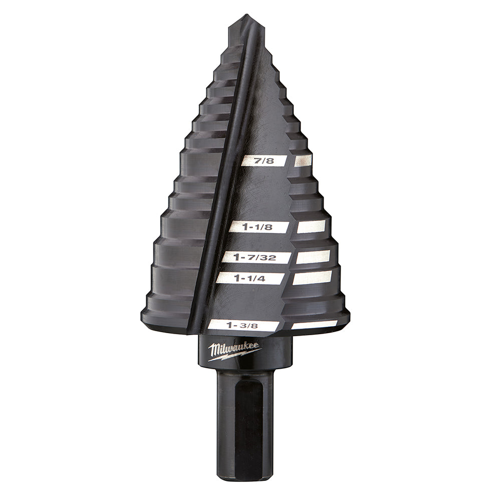 Black step drill bit with tiered cutting edges and labeled size markings from 7/8 inch to 1-3/8 inch.