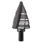 Black step drill bit with tiered cutting edges and labeled size markings from 7/8 inch to 1-3/8 inch.