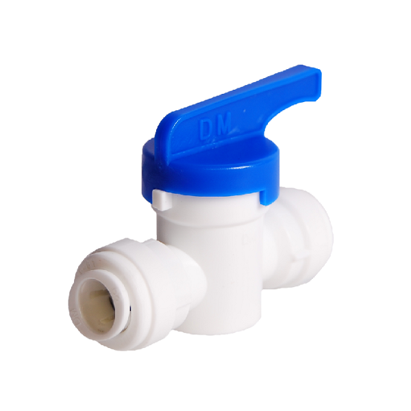 White plastic straight ball valve with blue lever handle and push-to-connect ports.