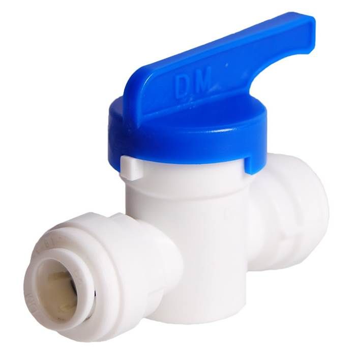 White plastic mini ball valve with blue lever handle and push-fit connections on both sides.