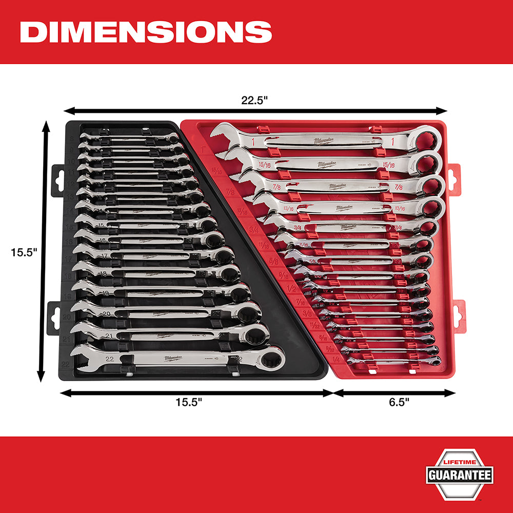 15-piece ratcheting combination wrench set in black and red case with SAE sizes displayed.