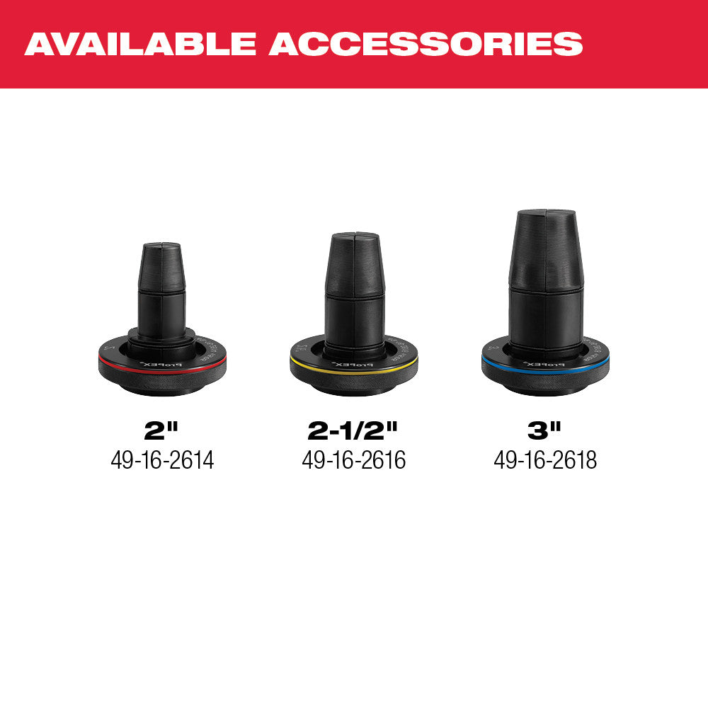 Three black ProPEX expansion tool heads with colored bands in 2-inch, 2.5-inch, and 3-inch sizes.