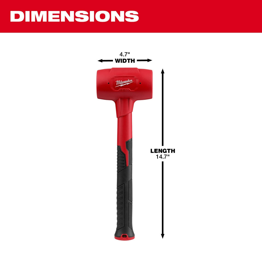 Red Milwaukee dead blow hammer with black grip handle, 4.7" head width and 14.7" total length.