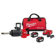 Milwaukee M18 FUEL impact wrench kit with red carrying bag, two batteries, charger, and power cord.