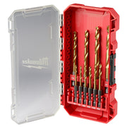 Ten titanium drill bits in varying sizes arranged in a red plastic case with clear lid.