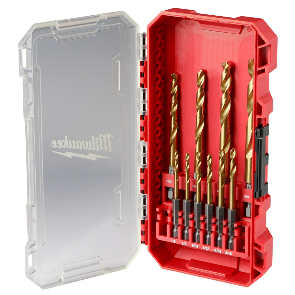 Ten titanium drill bits in varying sizes arranged in a red plastic case with clear lid.