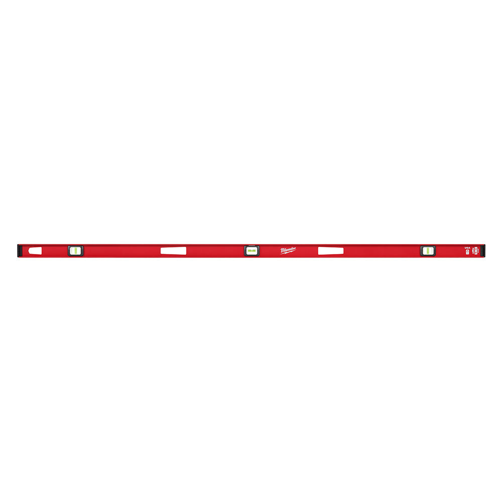 Red 78-inch Milwaukee magnetic I-beam level with white vials and measurement markings along the length.