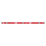 Red 78-inch Milwaukee magnetic I-beam level with white vials and measurement markings along the length.
