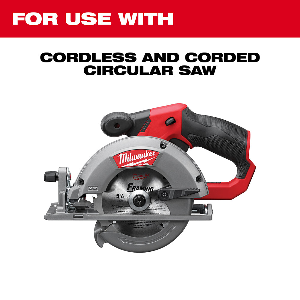 Milwaukee framing circular saw with red housing, black grip, gray base plate, and 16-tooth blade.