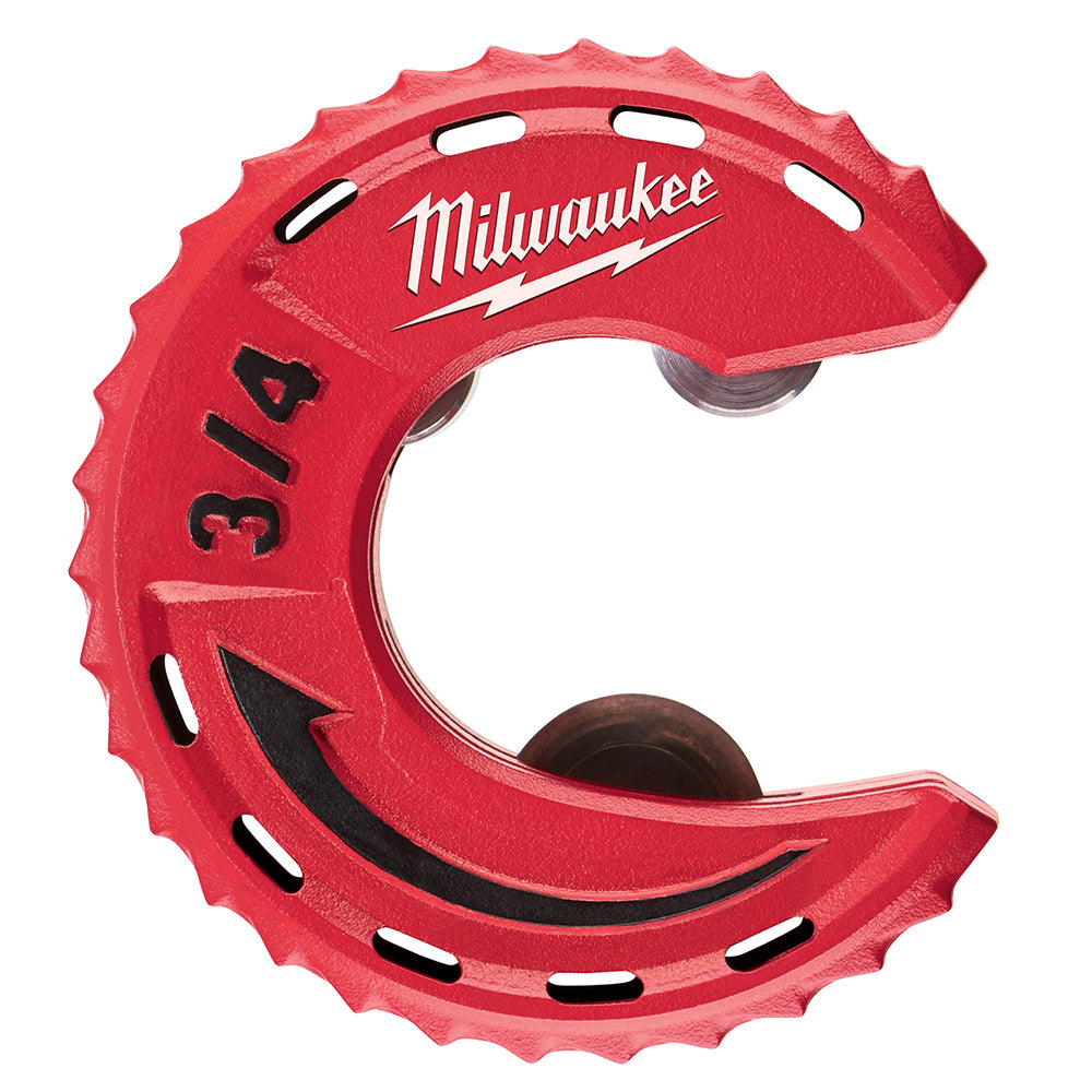 Red Milwaukee tubing cutter with serrated wheel, model 3/4" with white logo and black cutting wheel visible.