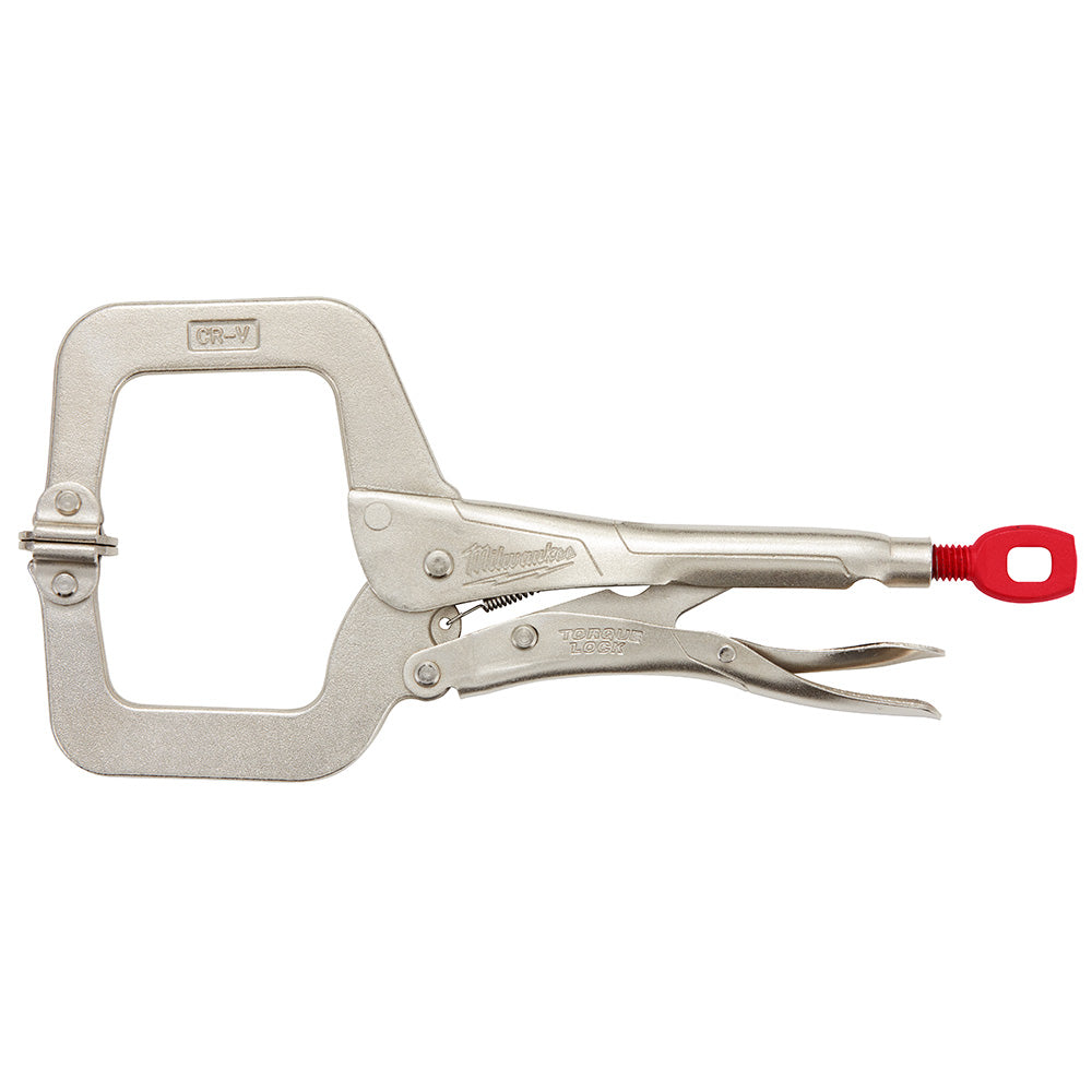 Metal C-clamp with adjustable swivel jaw pads and red trigger handle on white background.